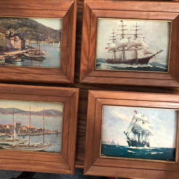 4 Vintage lithography prints lake boats ships vintage wood frame wall decors - Picture 1 of 8